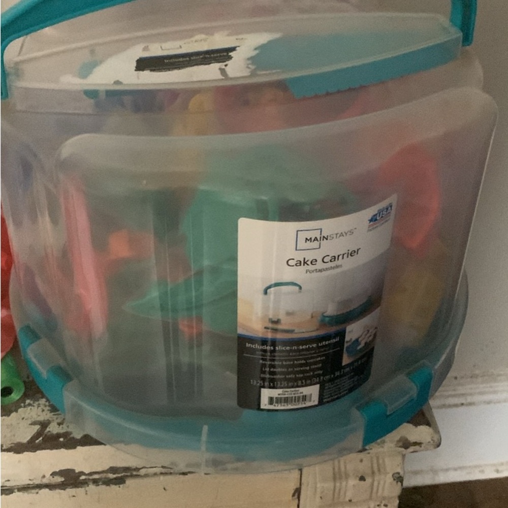 Mainstays Blue cake carrier with cookie cutters an  Kitchen Essential